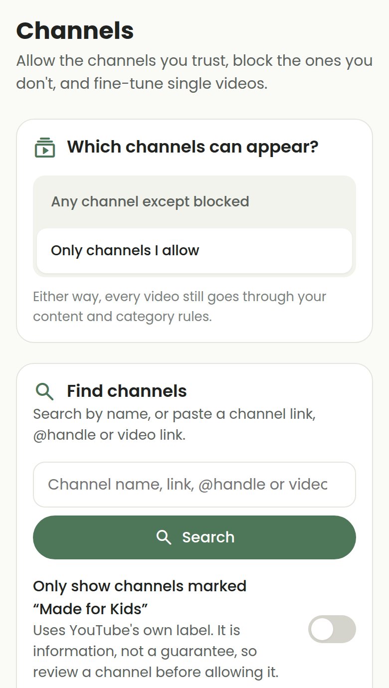 COONI Channels screen with "Only channels I allow" selected.