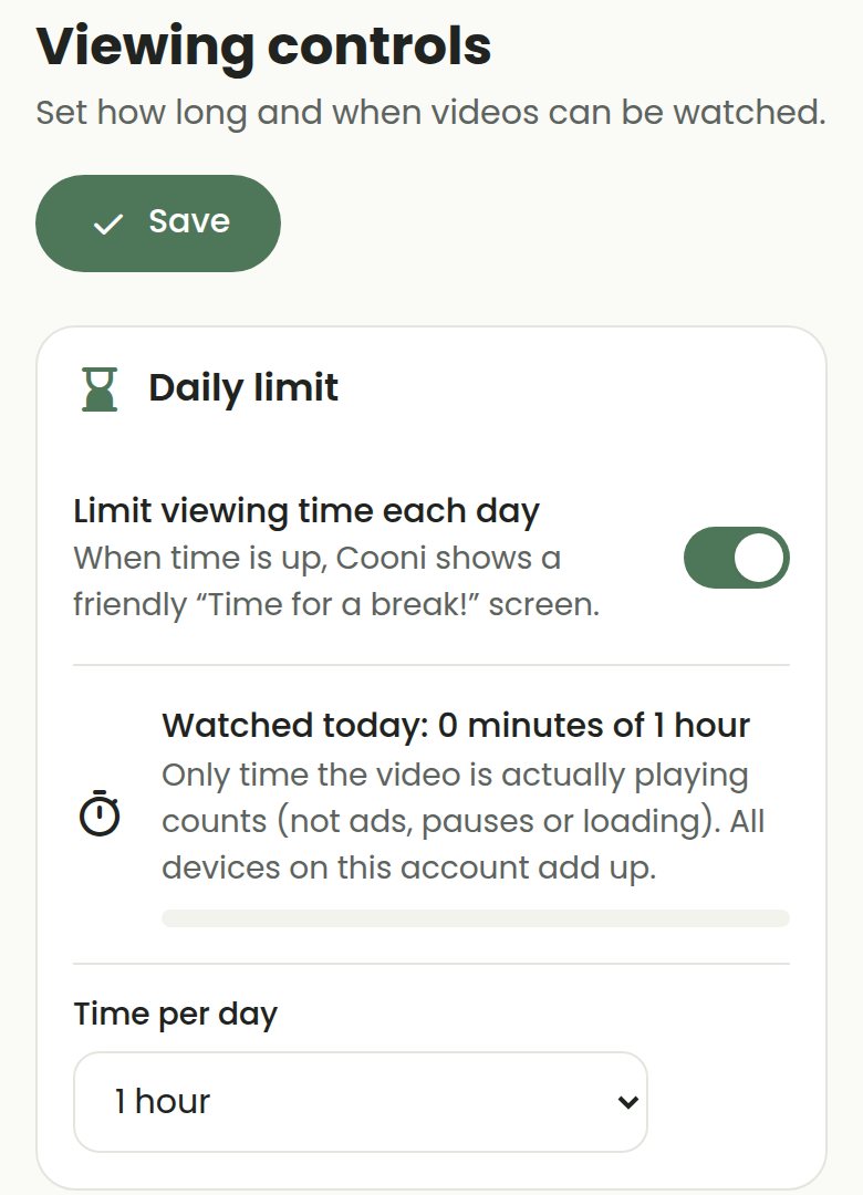 COONI Viewing controls with the daily limit switched on, watched time for today and a time per day of 1 hour.