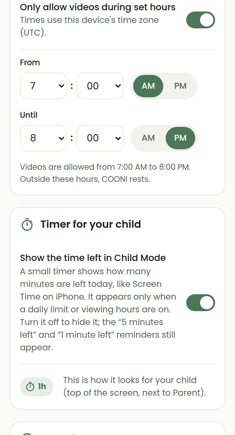 COONI Viewing controls: videos allowed from 7:00 AM to 8:00 PM, and "Timer for your child" switched on.