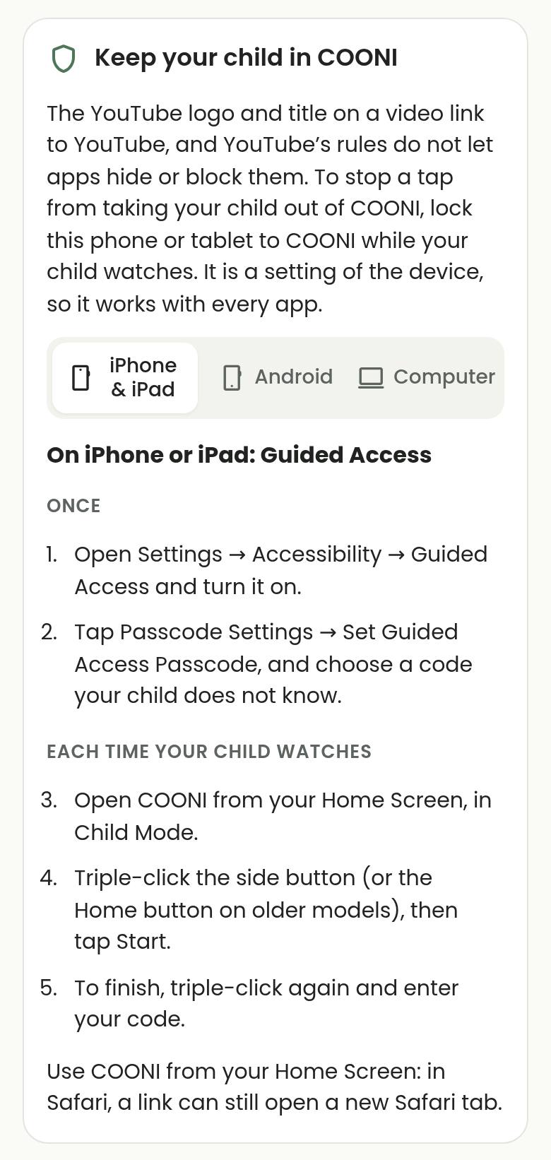 COONI Parent Mode → Settings → Keep your child in COONI, showing the Guided Access steps for iPhone and iPad.