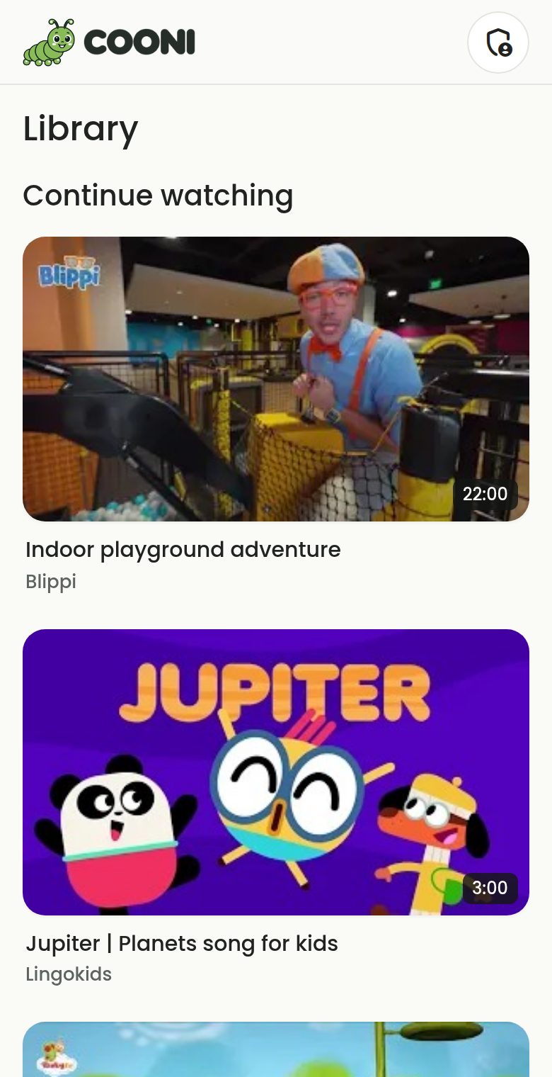 COONI Library in Child Mode with "Continue watching" and recently watched videos from Blippi and Lingokids.