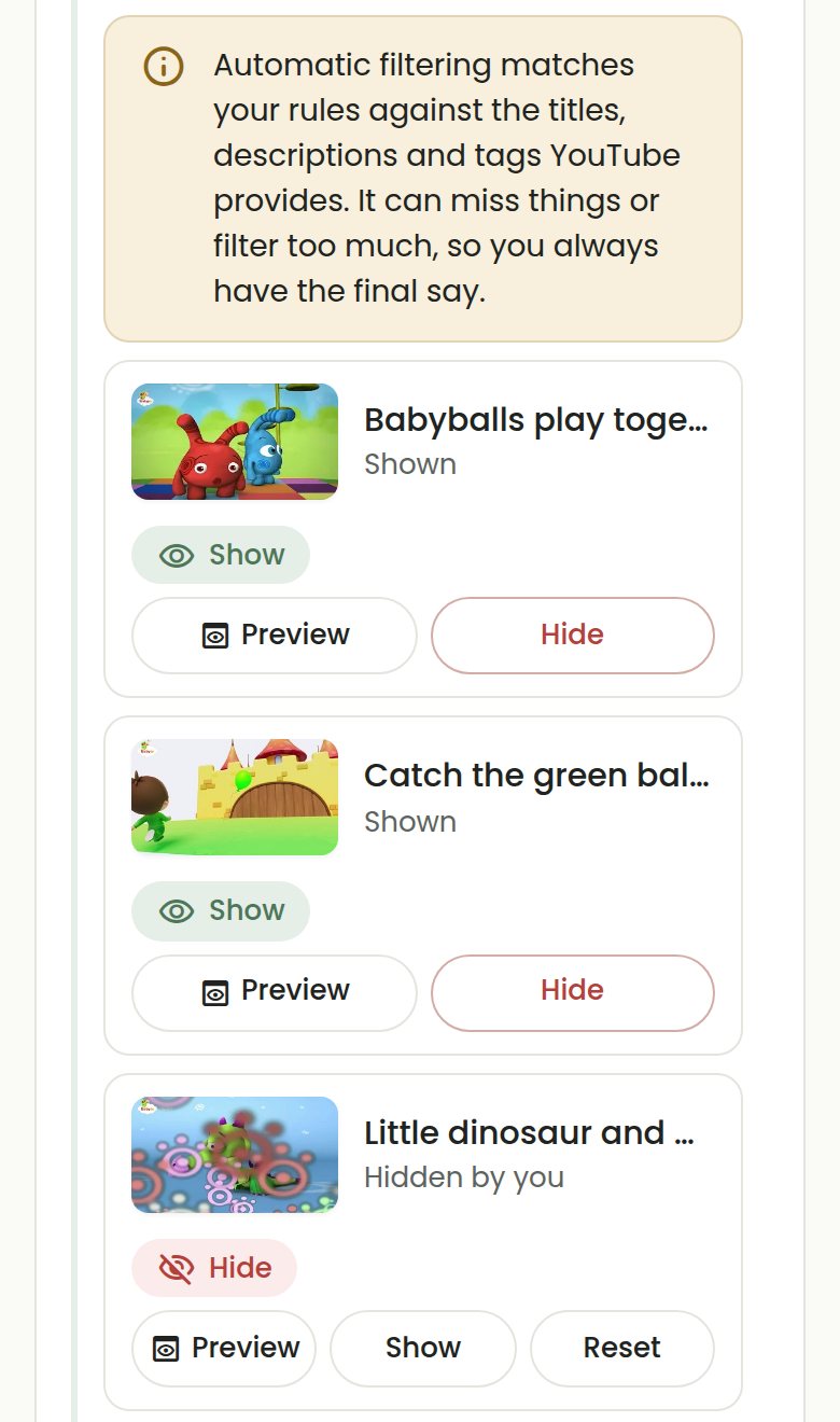 COONI "Manage videos" list for an allowed channel: two videos shown and one marked "Hidden by you", with Preview, Show, Hide and Reset buttons.