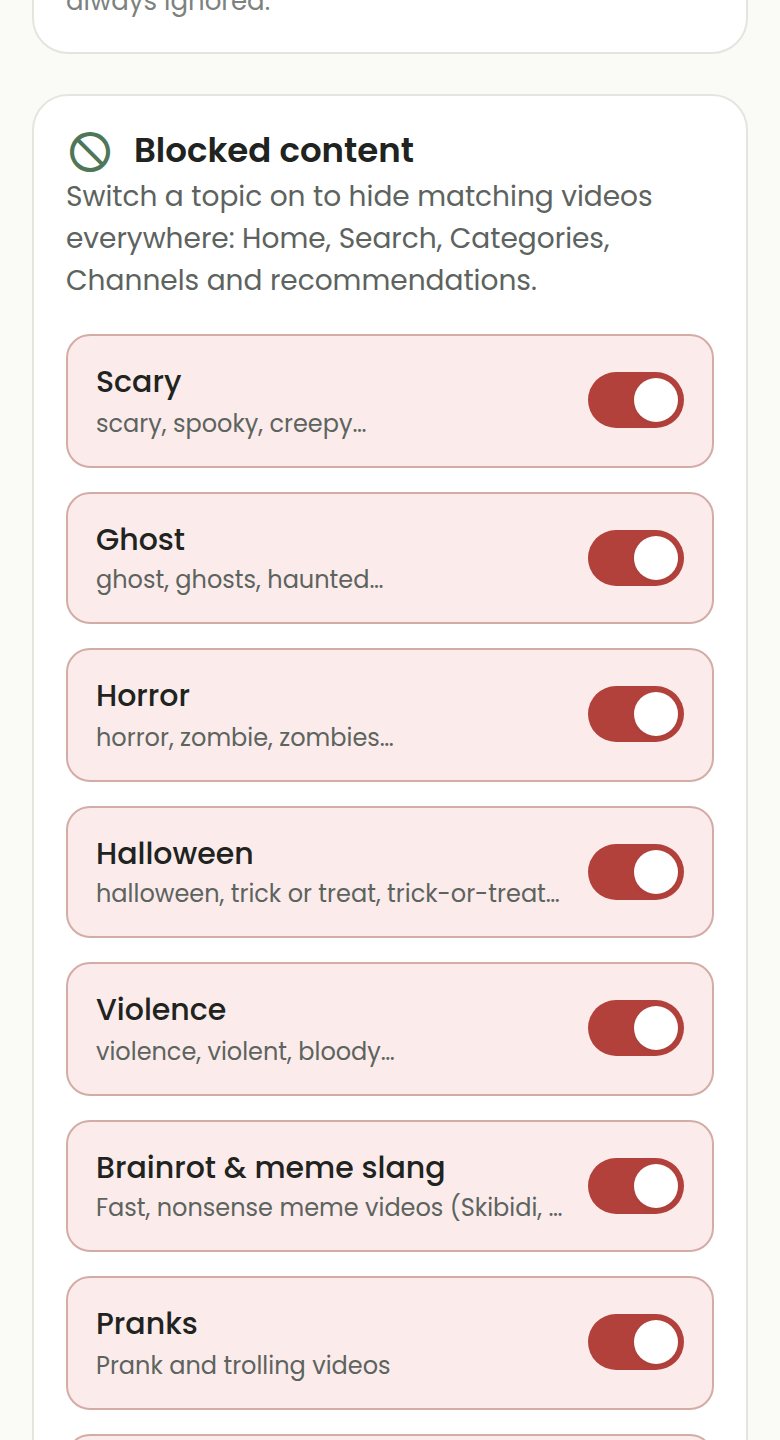 COONI Blocked content list with switches for Scary, Ghost, Horror, Halloween, Violence, Brainrot & meme slang and Pranks, all switched on.
